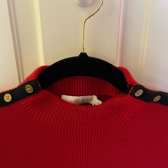 Tory Burch Red Sweater Dress with contrast Navy shoulder trim with Gold Buttons - Picture 4 of 7